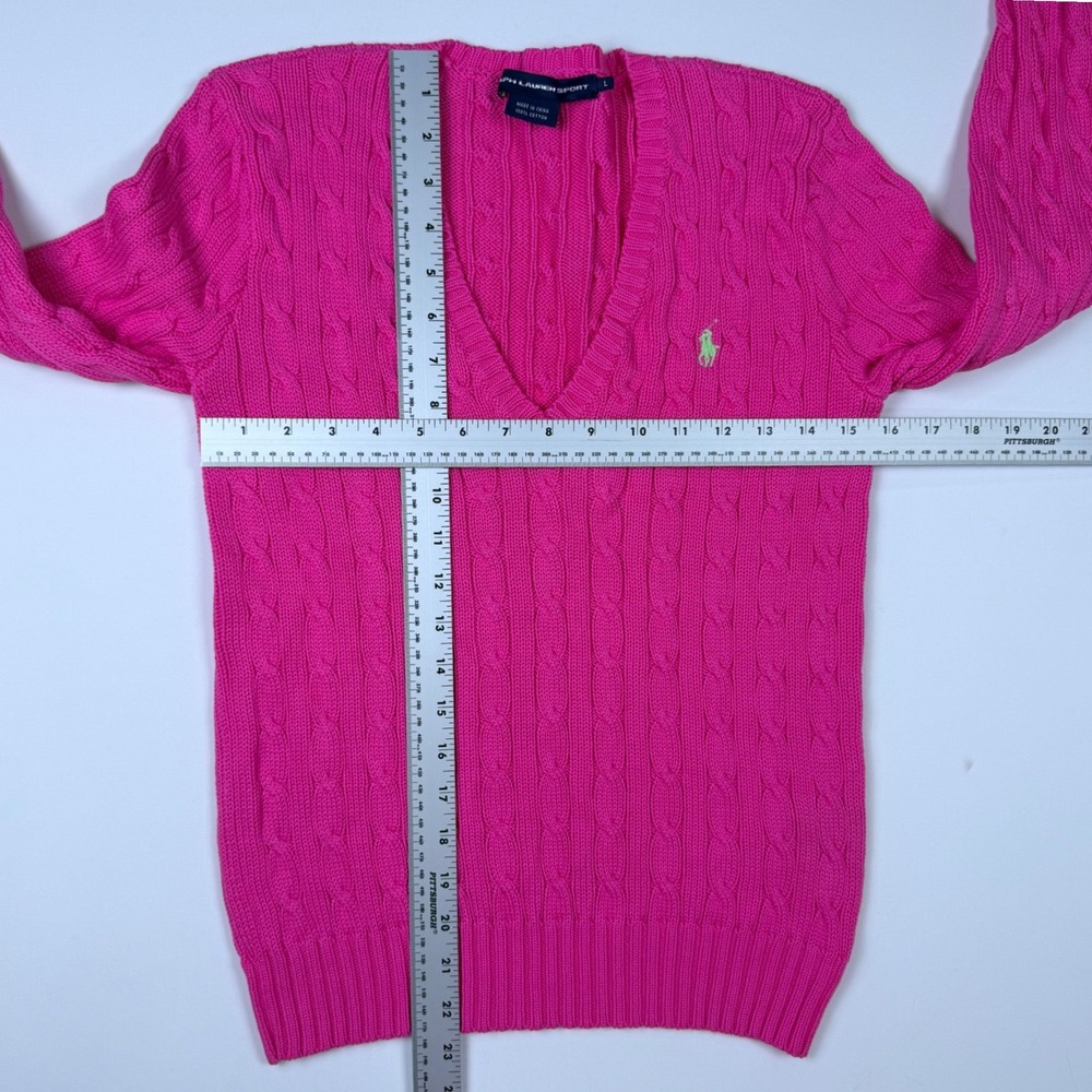 Ralph Lauren Sport Sweater Womens L Hot Pink Excellent V-Neck Cable Knit Cotton - Picture 10 of 11